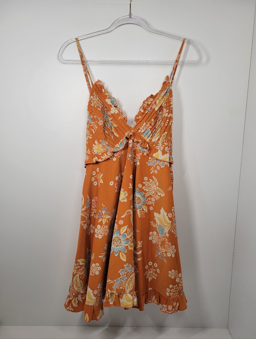 Free People Cord Looking Glass Orange Floral Pleated Open Back Mini Dress Sz M